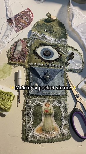 I think pocket shrines are the perfect small-scale project! - #pocketshrine #pocketaltar #fyp #craft #sewing #sewingtiktok #fairycore #cottagecore #earthcore #aestheticvideos #trinkets #vintagevibes #crystals #spirituality #evileye #foryou #green #crafts #crafttok #sew #handsewing #handsewngifts #handsewingproject #smallproject #spiritual #altar #shrine #minialtar #minishrine