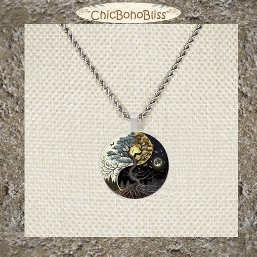 Highly Detailed Intricate Yin Yang Tree of Life Pendant, Solid Stainless Steel Rope Chain Necklace, 20 Inch, Unisex Gift