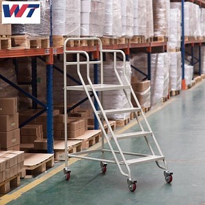 [Hot Item] Warehouse Steel Safety Rolling Mobile Platform Ladder with Handrails