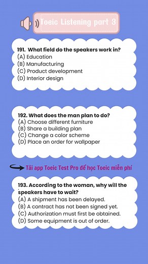 Luyện nghe Toeic part 3 kèm transcript. Tải app Toeic Test Pro để ôn luyện Toeic miễn phí các bạn nhé #practice #ToeicTestPro #TOEIC | Estudyme - Practice for TOEIC Test Pro