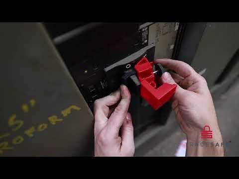 TRADESAFE large 480/600v clamp on style circuit breaker lock demonstration for Lockout Tagout