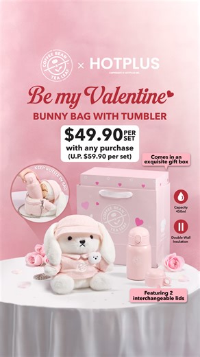 The #CoffeeBeanSG x HOTPLUS 𝐕𝐚𝐥𝐞𝐧𝐭𝐢𝐧𝐞’𝐬 𝐁𝐮𝐧𝐧𝐲 𝐁𝐚𝐠 𝐰𝐢𝐭𝐡 𝐓𝐮𝐦𝐛𝐥𝐞𝐫 is here to steal hearts this Valentine's! 💕🐰⁣ ⁣ Dressed in an adorable baby pink outfit, the fluffy plush bunny doubles as a bag with a chain strap, plus a hidden compartment to keep your tumbler (450ml) snug and secure 😍⁣ ⁣ Choose your fave way to drink with the double-wall stainless steel tumbler’s interchangeable lids - opt for the 𝘭𝘪𝘥 𝘸𝘪𝘵𝘩 𝘴𝘵𝘳𝘢𝘸 for easy sipping, or pour from the 𝘸𝘪𝘥