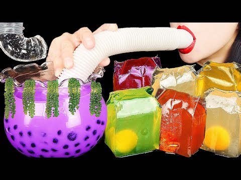 ASMR DRINKING SOUNDS FISH BOWL BOBA TEA & GIANT STRAW, CLEAR JELLY DESSERTS EATING SOUNDS 신기한 물 먹방