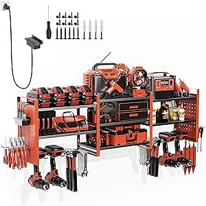 Heavy-Duty 48" Wall Mount Power Tool Organizer with Charging Station – 3-Tier Garage Organization Rack for Drills, Wrenches & Tools – Includes 16 Hooks & Pegboard Sides