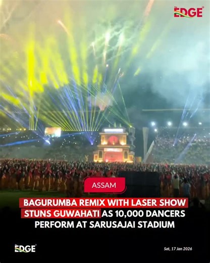 The Edge on Instagram: "Guwahati witnessed a once in alifetime cultural moment as over 10,000 Bodo dancers came together at Sarusajai Stadium to perform the iconic Bagurumba “Dwhwo”, creating a breathtaking display of rhythm, unity, and tradition. The massive synchronised performance celebrated the rich heritage of Assam’s Bodo community, with dancers moving in perfect harmony to the timeless folk beats. As the performance progressed, the event reached a stunning crescendo a laser light show sea