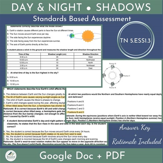 5th Grade Assessment | Earth's Rotation - Day & Night - Shadows | TN Standards
