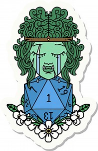 sticker of a sad orc barbarian character face with natural one d20...