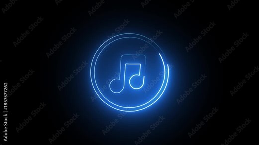 Neon glowing single musical note icon. Neon music icon 4k. Animation music note neon blue