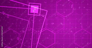 4K Hexagon network with square geometry shapes moving. Innovation science tech loop. Blinking polygons mesh futuristic chemistry molecules atom movement. Global cyber worldwide connections concept bg.