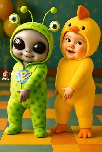 LITTLE GREEN ALIEN AND ADORABLE BABY CHICKEN DOING THE CHICKEN BANANA DANCE