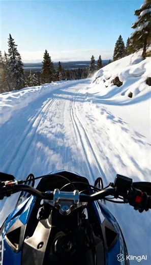 A snowmobile races down a snow-covered trail