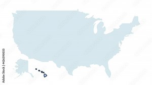 US hawaii state map animation. United states of America country - high detailed motion illustration map. 4k animated video with blinking red and blue highlighted state with alpha matte.