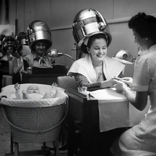 3.4K views · 50 reactions | A housewife sits under a hair dryer at a beauty salon in Rye, New York, 1947, while her baby rests peacefully in a nearby bassinet. As she gets a manicure and chats with the beautician, other women seated in the row behind her read magazines beneath their gleaming salon dryers. | Lost in History Page | Facebook