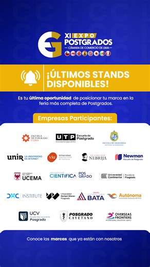 #FeriasCCL📣 | 🔥 Los stands vuelan y las instituciones más top ya están dentro. ¿Tu marca también estará en Expopostgrados? Reserva ahora. 👉 Comunícate con nosotros: https://bit.ly/4ai0xIi 🖇️ Conoce más en: https://expopostgrados.com/
