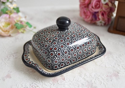 Polish Pottery Butter Dish With Lid Handmade Ceramic From Boleslawiec Made in Poland With Hand Painted Floral Decorations and Handle - Etsy