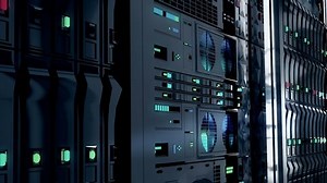 Camera Dolly Shot of a Working Data Center With Rows of Rack Servers. Close up view of Led Lights Blinking and Computers are Working. Powerful servers behind glass panels in a data center or ISP