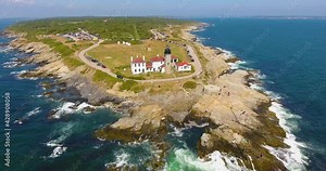 Beavertail Lighthouse in Beavertail State Park aerial view in summer, Jamestown, Rhode Island RI, USA. This lighthouse, built in 1856, at the entrance to Narragansett Bay on Conanicut Island.