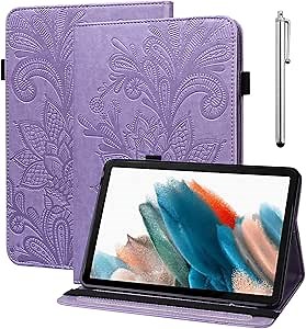 Case for Samsung Galaxy Tab A8 10.5'' 2022 Case SM-X200/X205/X207, PU Leather Cover Embossed Lace Flower Flip Stand Shell with Elastic Band & Card Holder for Galaxy Tab A8 Tablet - Purple
