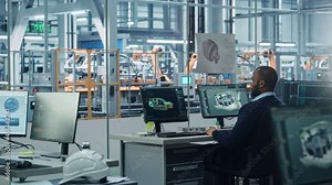 Car Factory Office: Black Engineer Working on Desktop Computer, Screens Show CAD Software with 3D Turbine Engine, Electric Car. Automated Robot Arm Assembly Line Manufacturing High-Tech Vehicles