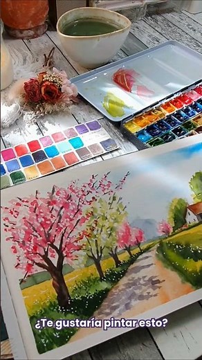 How to paint an easy watercolor landscape | Cherry blossoms step by step