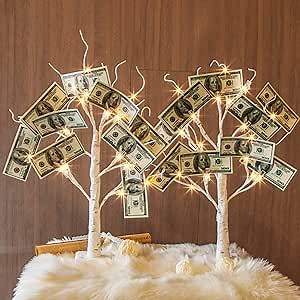 EAMBRITE Money Tree Gift Holder, Gift Card Tree 2FT 24LED, Lighted Birch Trees Battery/USB Powered Timer Photo Display with 12 Clear Clips and 12 Cards for Home Christmas Halloween Picture Memo 2 Pack