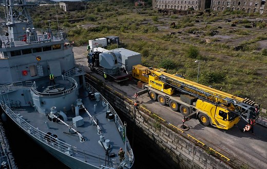 Naval Ordnance Section and Naval Dockyard personnel refitting LÉ Eithne #P31 with her primary armament after completing essential maintenance on the Bofors 57mm Gun. | Irish Naval Service