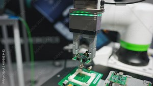 microchip and microprocessor assembly with automated robotic arm factory equipment, electronics and component installation on circuit board