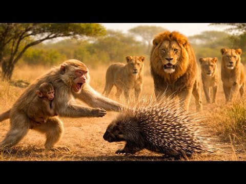 Savannah Survival: Rhesus Macaque Monkey vs Porcupine in the Wild
