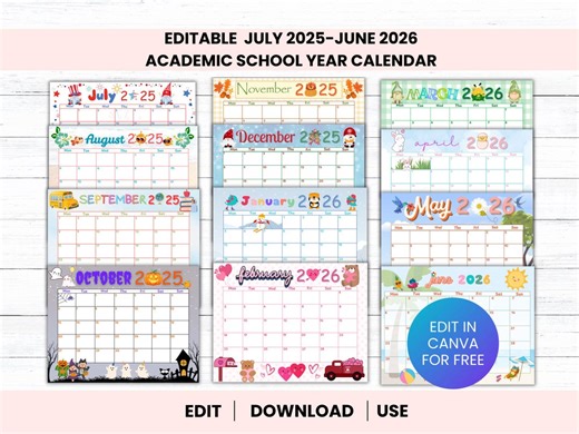 Editable School Year Calendar 2025-2026: Colorful Academic Planner (digital Download) - Etsy