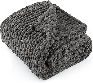 Chunky Knit Throw Blanket 50"X 60", 100% Handmade with Soft Chenille Yarn, 4.4lbs Thick Cable Knitted Blankets, Large Rope Knot Crochet Throws for Couch Sofa Bed Home Decor, Dark Grey