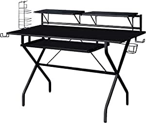 Benjara Tubular Metal Frame Computer Desk with 2 Shelves and Cup Holder, Black