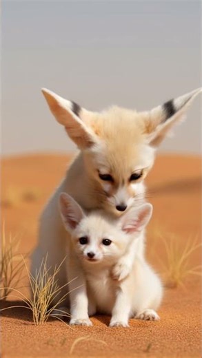White fennec fox mother and baby. Love begins with a mother.