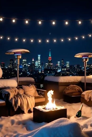 Cozy Winter Rooftop at Night ❄️🔥 | City Lights, Snow & Peaceful Ambience