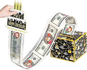 Happy Birthday Money Box for Cash Gift Pull,Black and Gold Money Roll Gift Box with 30Pcs Transparent Bags, Best Surprise Gift for Parents, Lovers, Kids and Friends Birthday Party