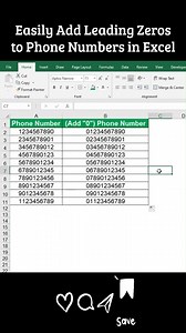 Easily Add Leading Zeros to Phone Numbers in Excel or Google Sheets In this video, we demonstrate a simple and effective way to add a leading zero (or any prefix) to phone numbers or any other numbers in Microsoft Excel and Google Sheets. Often, when you enter numbers starting with a zero in a cell and press Enter, the zero disappears automatically. This trick will help you solve this problem easily! Issue: Losing Leading Zeros When typing a number like 01234567890, Excel or Google Sheets automa