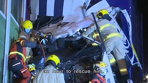 Two people were injured when their lorry crashed into a noise barrier on Tseung Kwan O Road early this morning. | HOY International Business Channel