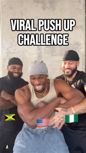 Eronmosele on Instagram: "VIRAL PUSH UP CURL CHALLENGE 🔥🇯🇲🇺🇸🇳🇬 Who do yall think won? 😭 Save & Try with a friend ✅ #challenge #reels #fitness #explore #explorepage #foryou #gym #fitnessmotivation #motivation #gymmotivation #workout #training #musclegain #biceps #vbarpushupchallange"
