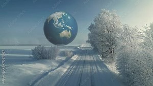 Animation Of Earth Rotating Over Snowy Land And Trees At Winter. - graphics