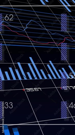 Vertical video: Tilted grid initiating pan, data dashboard rotating, charts updating to show trends