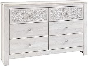 Signature Design by Ashley Paxberry Boho 6 Drawer Dresser, Smooth-gliding Faux Laminate Lined Drawers, Wood, 61.26" W x 15.83" D x 40" H, Whitewash