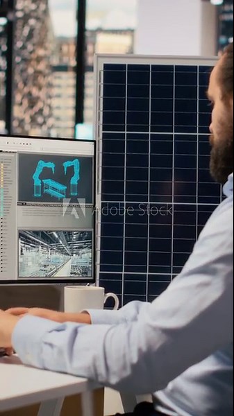 Sustainability RD specialist uses neural network tech to design production lines for solar panel assembly. Employee uses deep learning to enhance solar cells, improving clean energy output, camera B