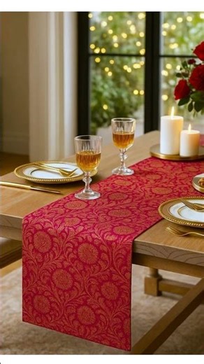 Pink Banarsi Brocade Silk Table Runner with Tassels 13x26 Inches