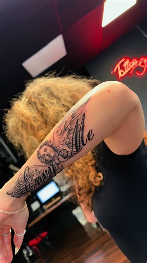 Custom lettering flowing perfectly with detailed black & grey work — made to fit the arm, made to last. Bookings open now. DM to secure your next piece. #LetteringTattoo #ScriptTattoo #BlackAndGreyTattoo #CustomInk #UKTattooArtist