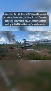 The first incident involved a Unity Air Zanzibar Embraer EMB-120 Brasilia (registered 5H-MJH), carrying 30 passengers, two pilots, and one cabin crew member from Zanzibar. The plane experienced technical difficulties during landing. “Thanks to the efforts of the pilots and airport officials, there were no injuries reported. All passengers, pilots, and the crew member are safe, and they continue with their tourism schedule within the national park,” was reported on social media. The second incide