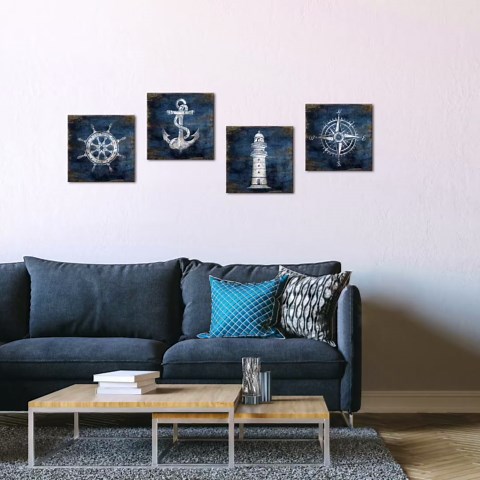 KLVOS Nautical Canvas Wall Art Navy Blue Boat Anchor Paintings Helm Drawing Compass Lighthouse Rustic Style Beach Home Decor Ready to Hang for Bathroom Living Room 12x12 Inchx4 Panels