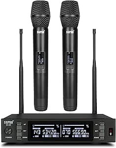 Dual Wireless Microphone System - Metal Handheld Mics & Receiver, Adjustable UHF Channels 520-590 MHz Range, Antenna Diversity, Ideal for Professional Audio and Events