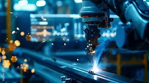 Robotic arm manipulating objects with precision in a factory setting, enhanced by digital graphics representing data analysis and automation