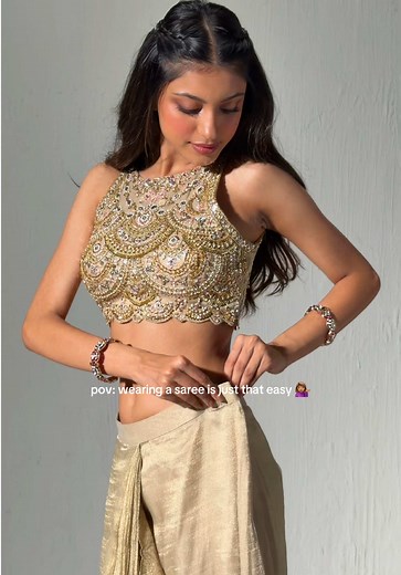 Wearing a saree is just that easy 💁🏽‍♀️ Discover our Gold Embroidered Tissue Saree. #indian #desi #saree