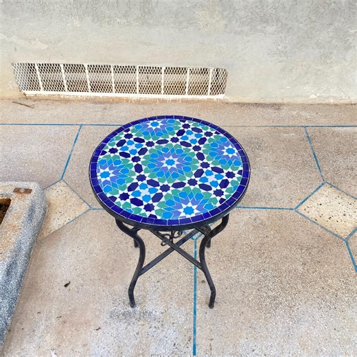 Handmade Moroccan Zellige Mosaic Side Table – Round Ceramic Tile Patio Decor