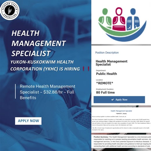 Health Management Specialist 📌 Yukon-Kuskokwim Health Corporation (YKHC) is HIRING ❗❗ 📍 Location: Remote – Alaska 💼 Type: Full-Time (40 hrs/week) 💰 Pay: From $32.88 per hour 📩 Apply Here: https://phh.tbe.taleo.net/phh01/ats/careers/v2/viewRequisition?org=YKHC&cws=41&rid=18321